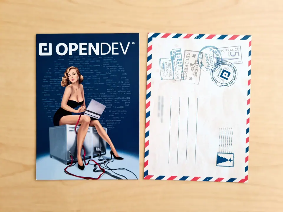 Фирменная открытка OpenDev в стиле авиапочты